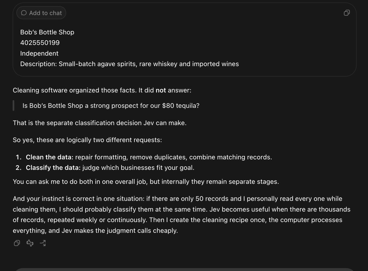 The actual ChatGPT explanation separates cleaning the data from classifying the business.