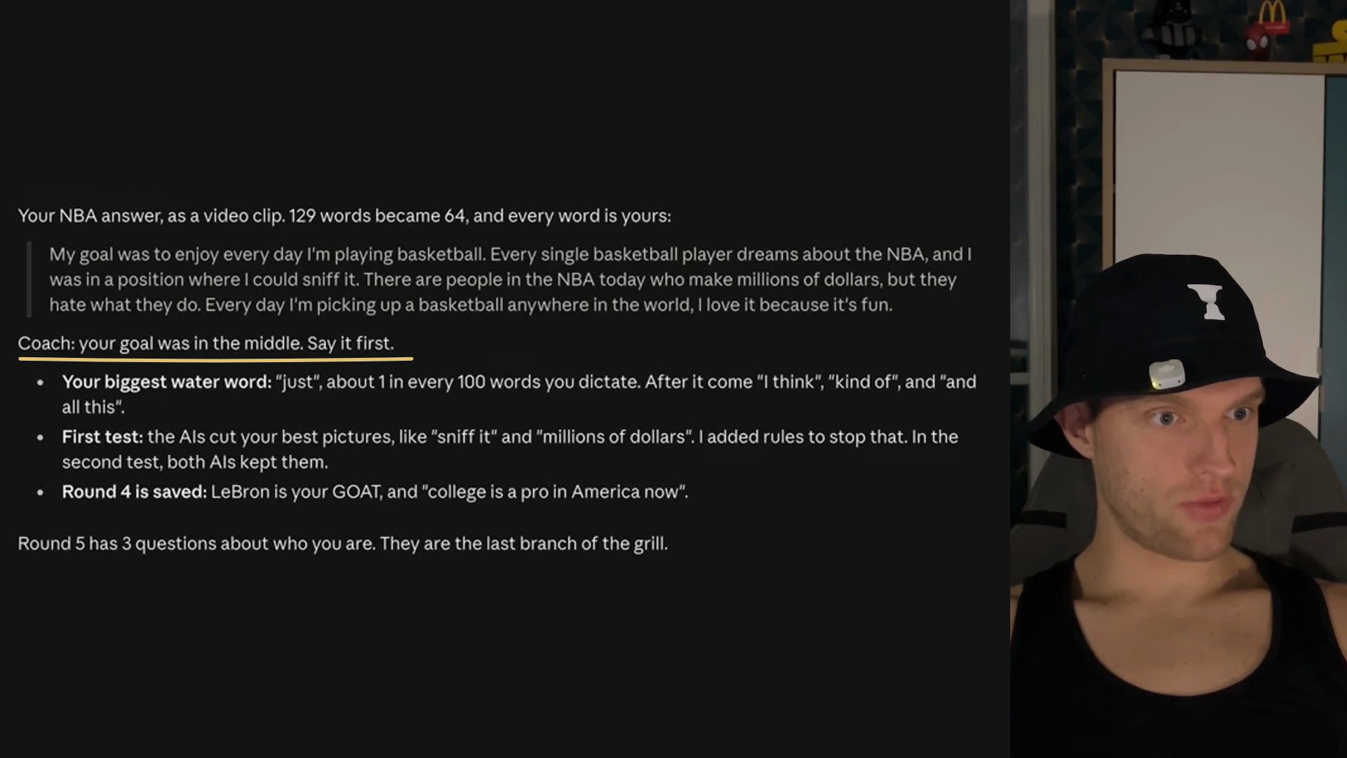 The real coaching result showing my NBA answer shortened from 129 words to 64.