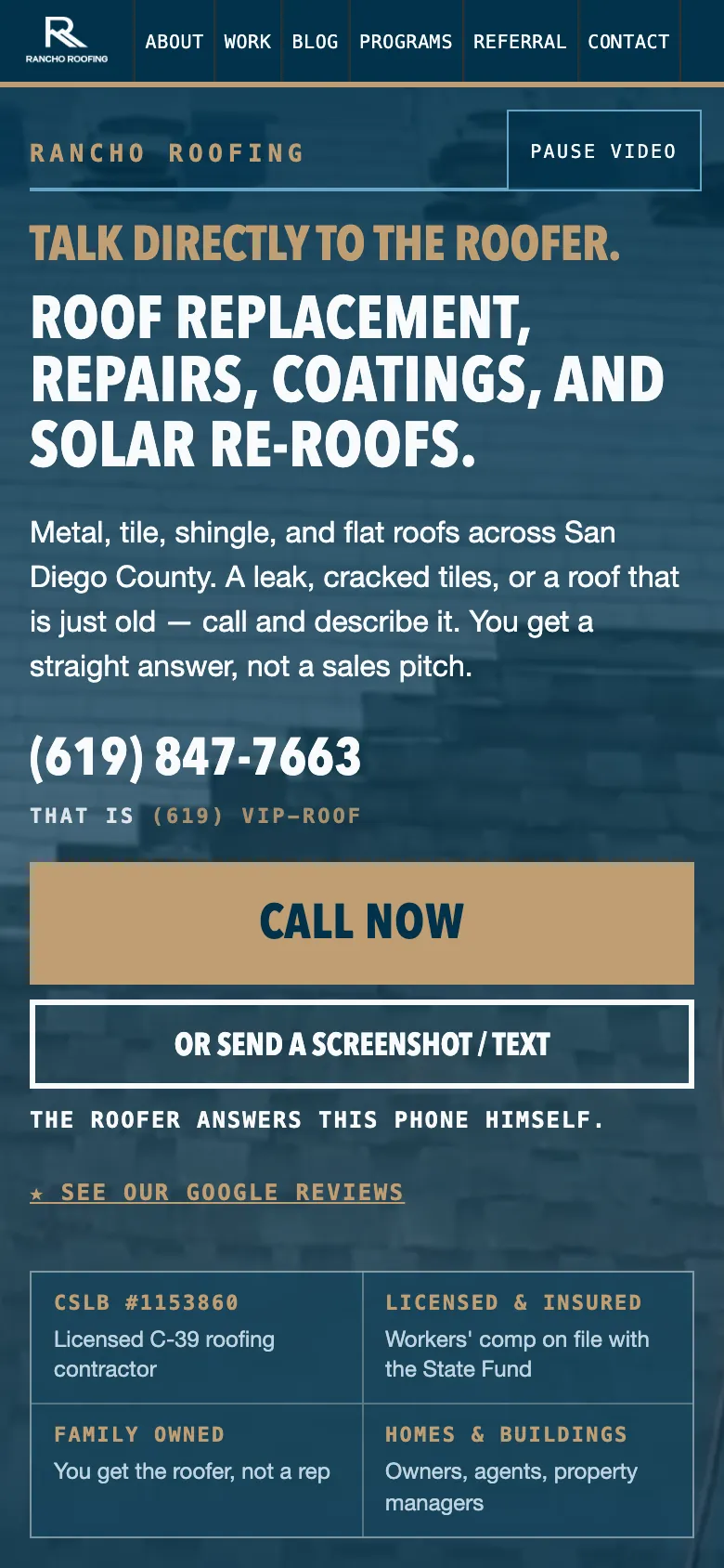 The Rancho Roofing homepage on a phone: the headline names the work, the phone number and a Call Now button sit on the first screen.