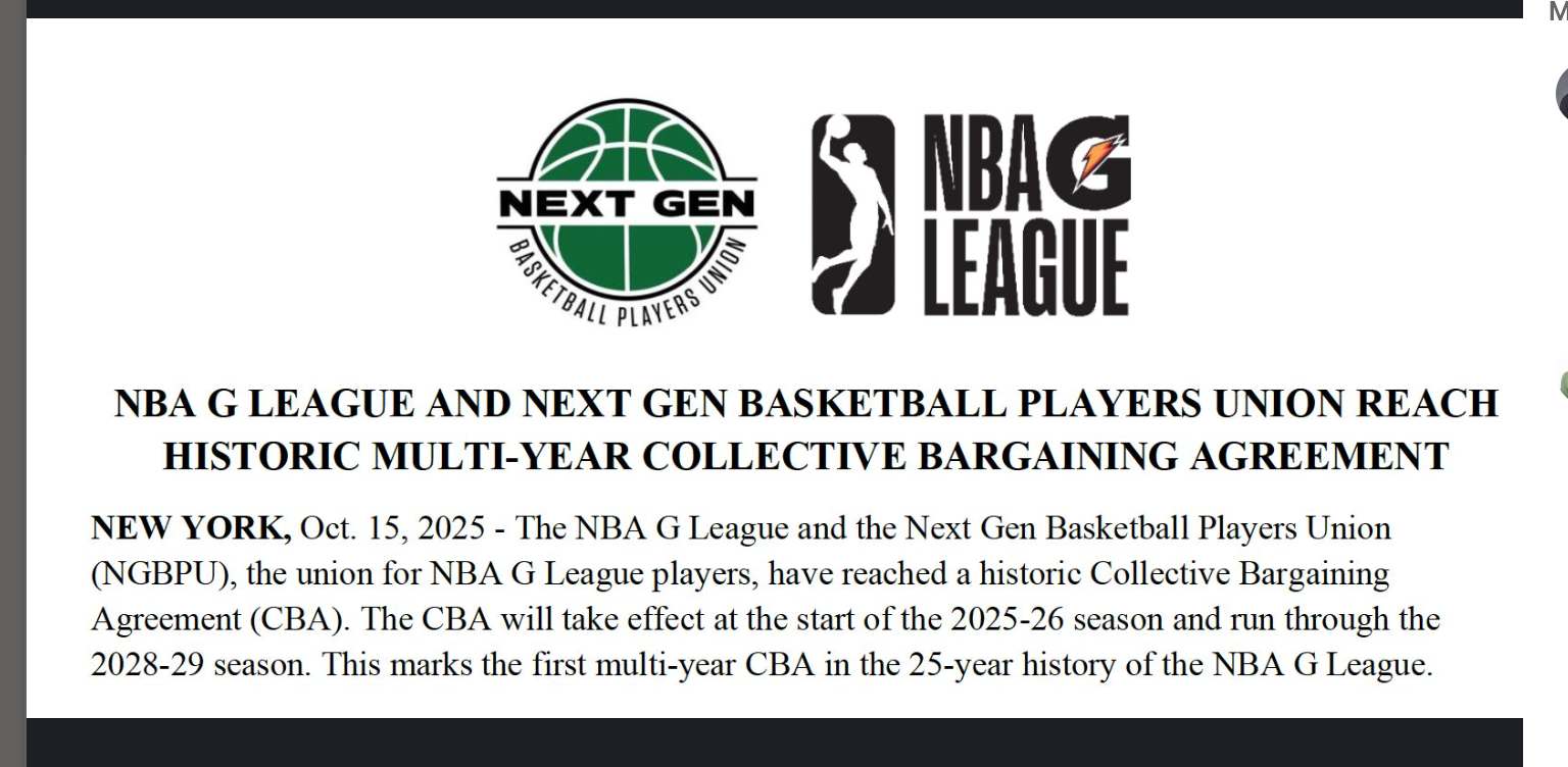 G-League and Next Gen Basketball Players Union CBA announcement